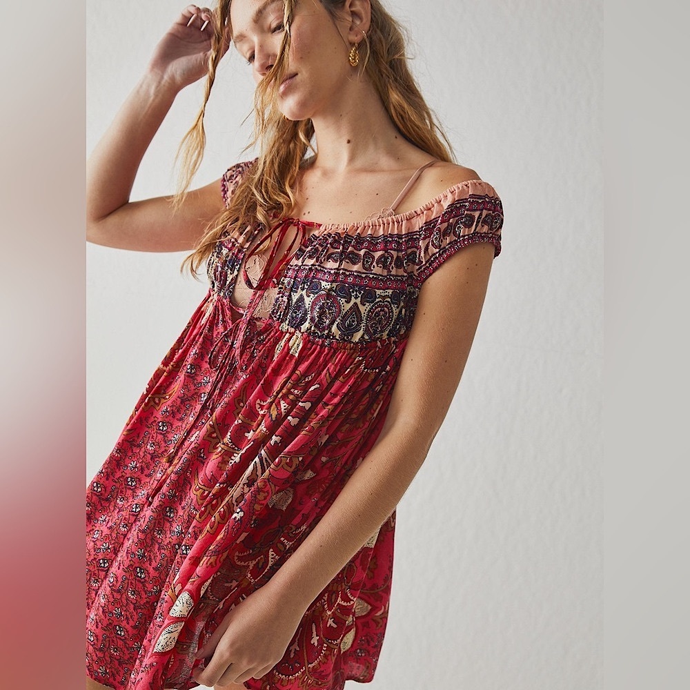 NEW Free People Bali Mariposa Slip Mini Dress In Strawberry Combo Red